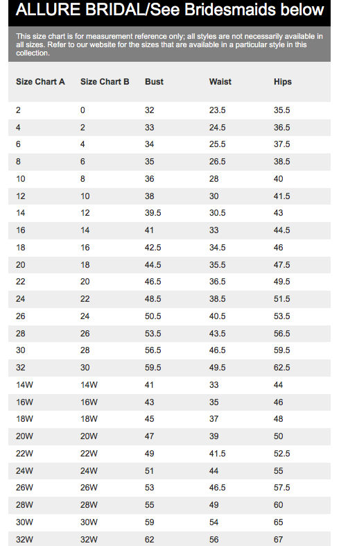 Allure bridesmaids size deals chart